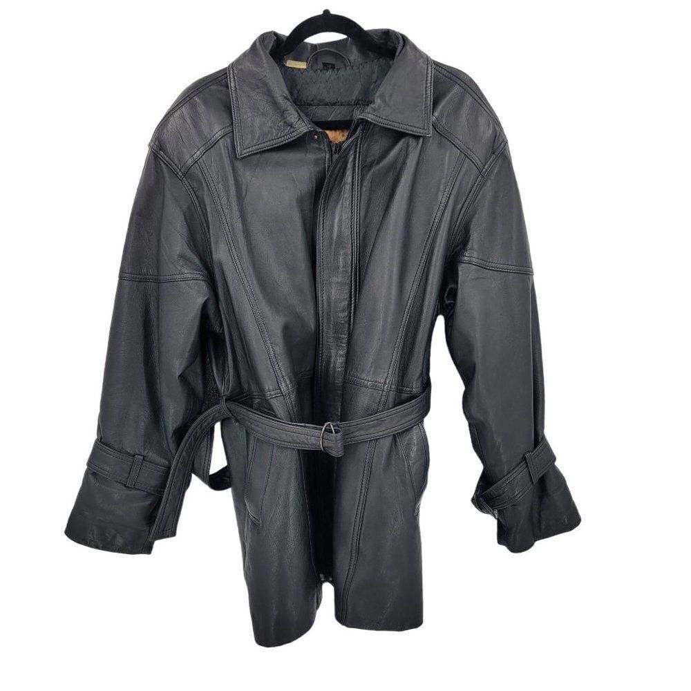 Vintage 80s Leather Flight Jacket M Black‎ Long Belted Hidden Zip Biker Moto